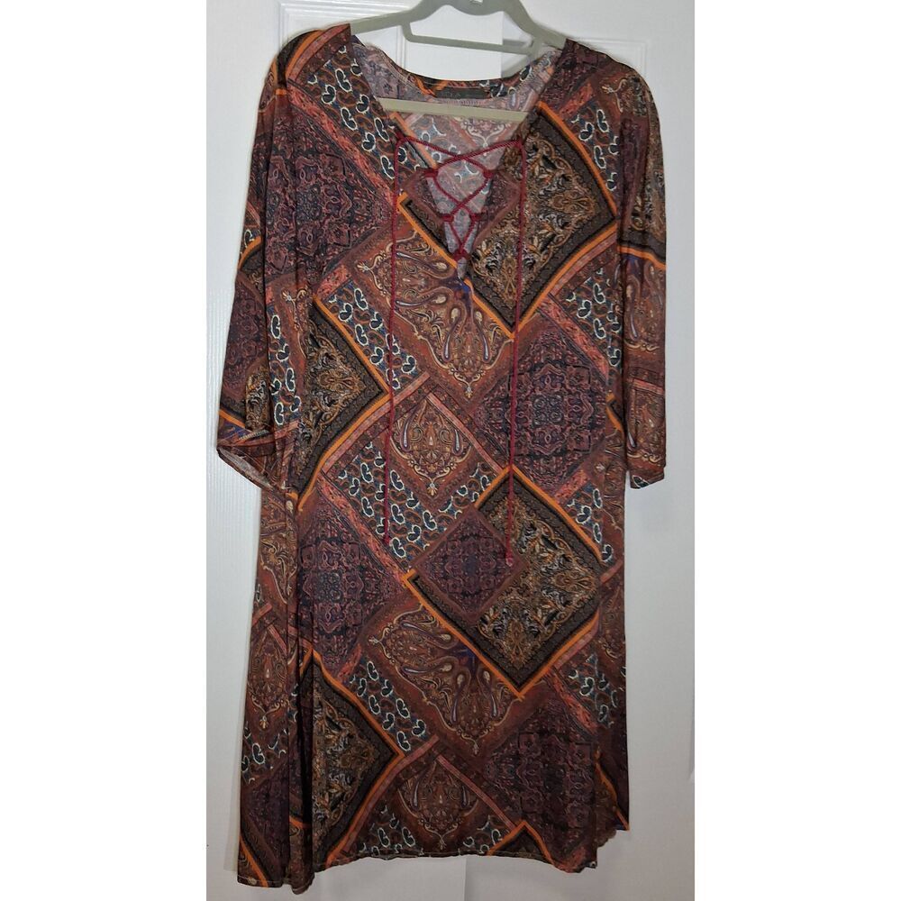 Lola womens large paisley shift dress Italian batik rust earthtone